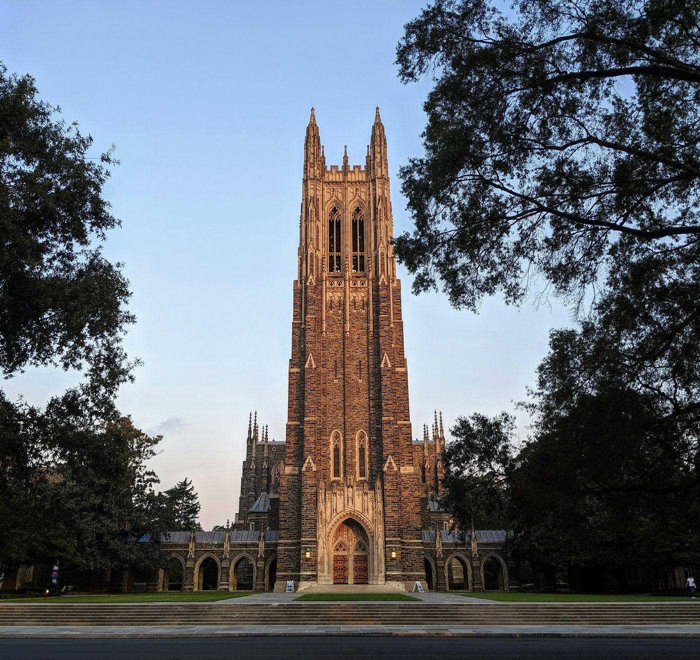 Gothic chapel tower at dusk